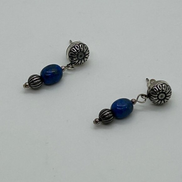Carolyn Pollack Sterling Silver Pierced Earrings Vintage Lapis Bead Dangle Y2K - Picture 2 of 13